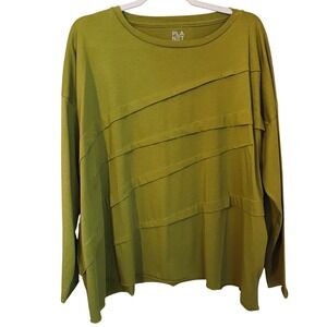 Planet Lauren G Long Sleeve One Size Chartreuse Pima Cotton TIered Boxy Top